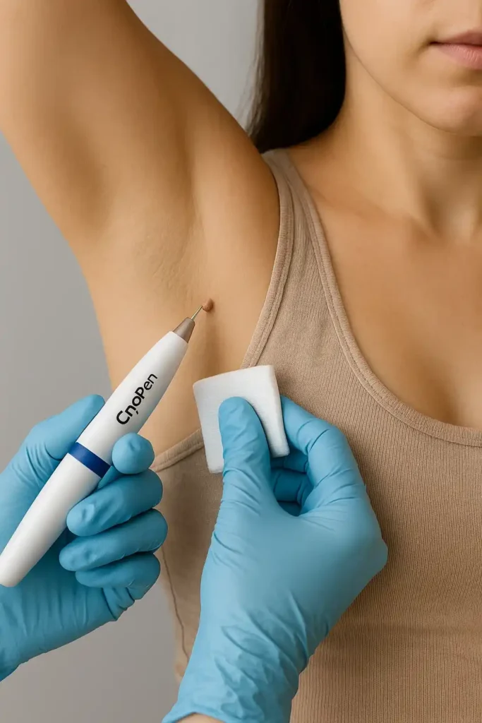 woman having cryopen to remove underarm skin tags West Ealing