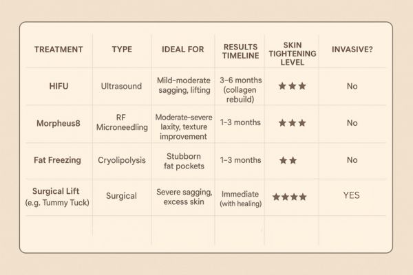 Table showing the comparisons of Skin tightening West Ealing treatment options.